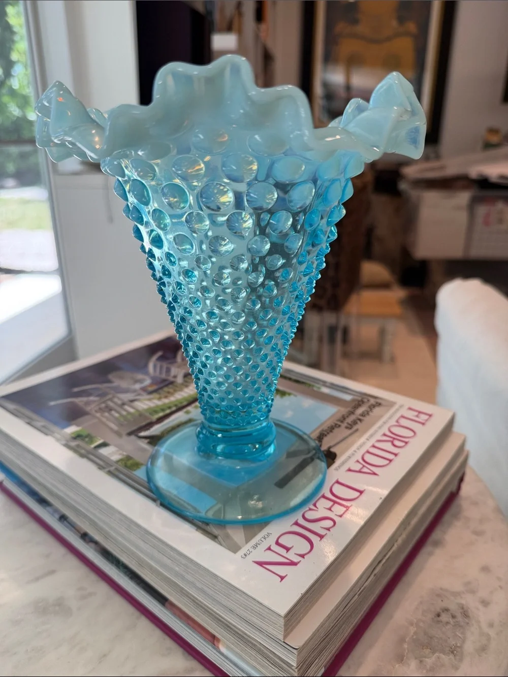 Blue Hobnail Ruffled Glass Vase